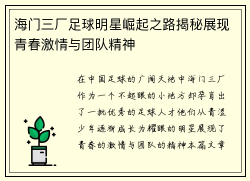 海门三厂足球明星崛起之路揭秘展现青春激情与团队精神